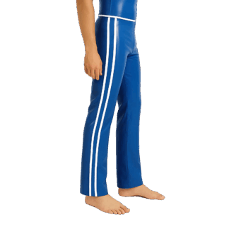 Blue latex men’s trousers with white side stripes- handmade latex clothing by Latexandlovers