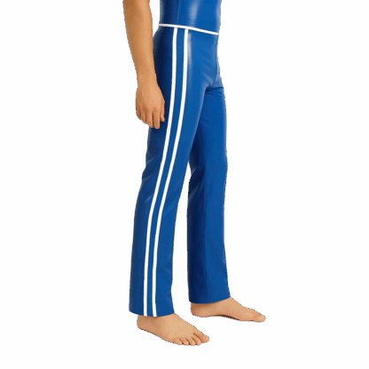 Blue latex men’s trousers with white side stripes- handmade latex clothing by Latexandlovers