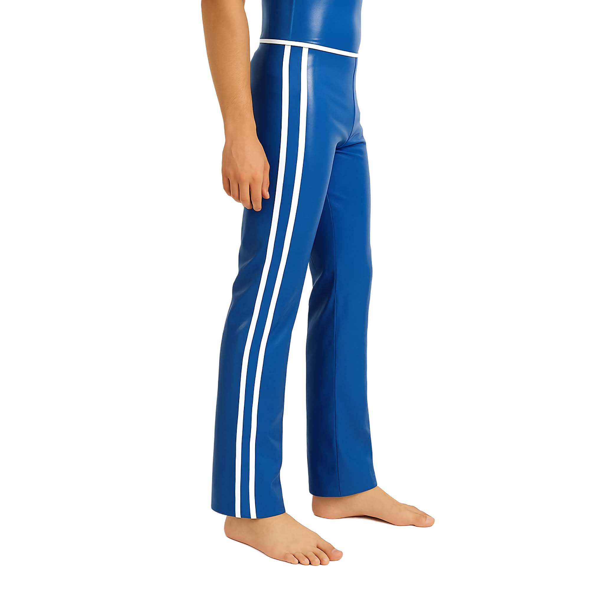 Blue latex men’s trousers with white side stripes- handmade latex clothing by Latexandlovers