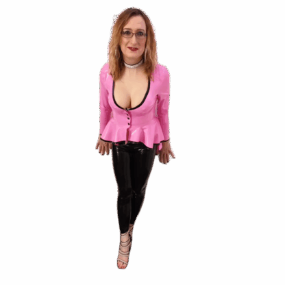 Pink latex tail jacket with black buttons, handmade by Latexandlovers in London. Shiny latex jacket with flared hem, paired with black latex leggings.