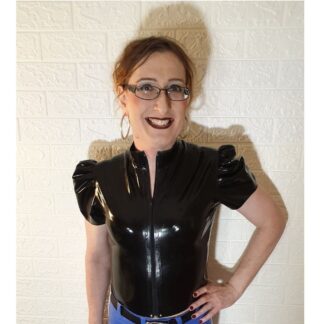Model wearing shiny black latex zip top with puff sleeves and front zip