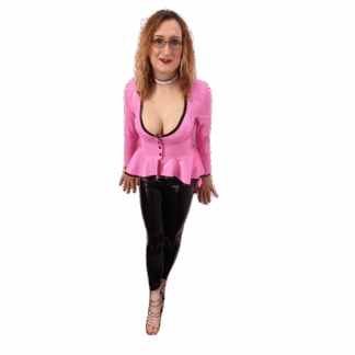 Pink latex tail jacket with black buttons, handmade by Latexandlovers in London. Shiny latex jacket with flared hem, paired with black latex leggings.