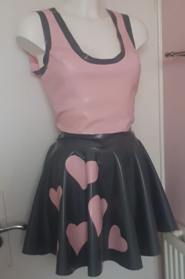 latex outfit with hearts