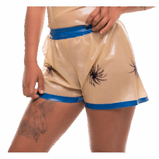 Shiny latex hot shorts with dandelion print and blue contrast trim, handmade in England by Latexandlovers.