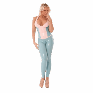 Latex Rubber 2 Piece Catsuit with halter neck top and zip leggings in pastel pink and blue, handmade in London by Latexandlovers.