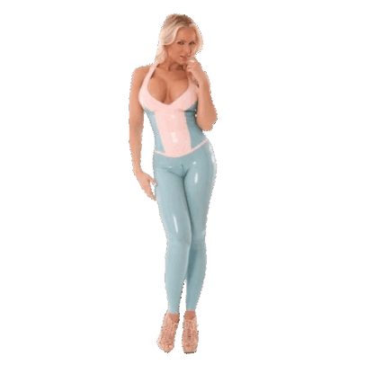 Latex Rubber 2 Piece Catsuit with halter neck top and zip leggings in pastel pink and blue, handmade in London by Latexandlovers.