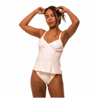 Model wearing cream latex loungewear set with sleeveless top and matching knickers – handmade latex nightwear UK