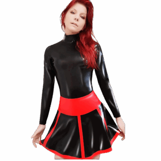 Model wearing Holly latex skirt in shiny red with wide waistband – handmade latex clothing UK by Latexandlovers