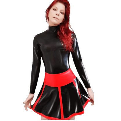 Model wearing Holly latex skirt in shiny red with wide waistband – handmade latex clothing UK by Latexandlovers