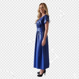 Blue Latex Maxi Dress with Belt and Short Sleeves