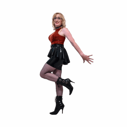 Model wearing black latex skirt with red latex top – Alechandra handmade latex dress UK