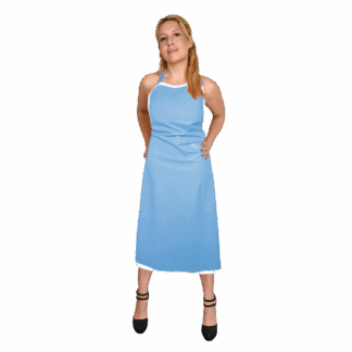 Model wearing light blue latex apron – handmade latex apron UK