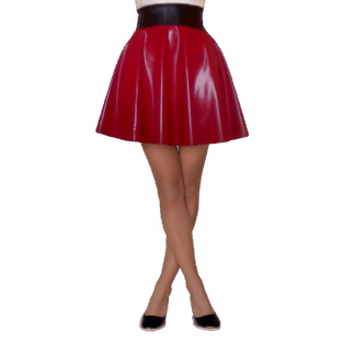Model wearing shiny red latex skater mini skirt – handmade latex clothing UK