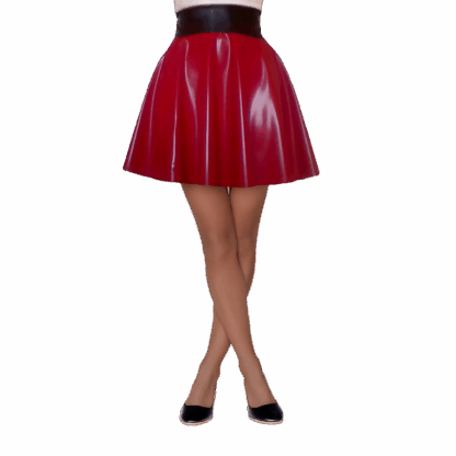 Model wearing shiny red latex skater mini skirt – handmade latex clothing UK