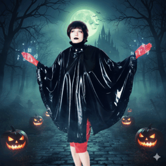 Black latex cape and red gloves styled as a powerful witch or sorceress Halloween costume.