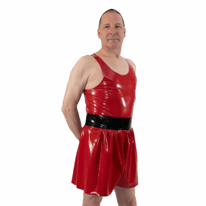 Men’s latex boxer outfit in shiny red with knee-length shorts and matching latex vest. Handmade in London by Latexandlovers.