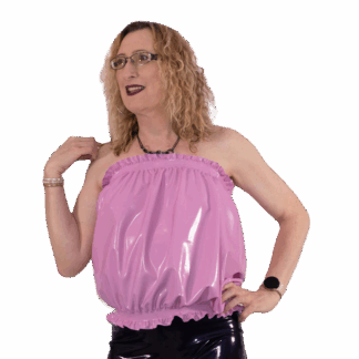 Shiny pink latex halter top with gathered neckline and loose fit, handmade in London by Latexandlovers.