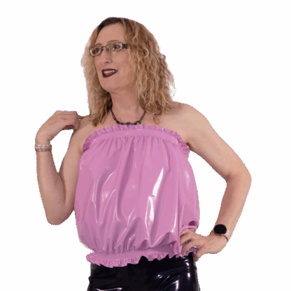 Shiny pink latex halter top with gathered neckline and loose fit, handmade in London by Latexandlovers.