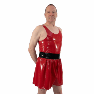Men’s latex boxer outfit in shiny red with knee-length shorts and matching latex vest. Handmade in London by Latexandlovers.