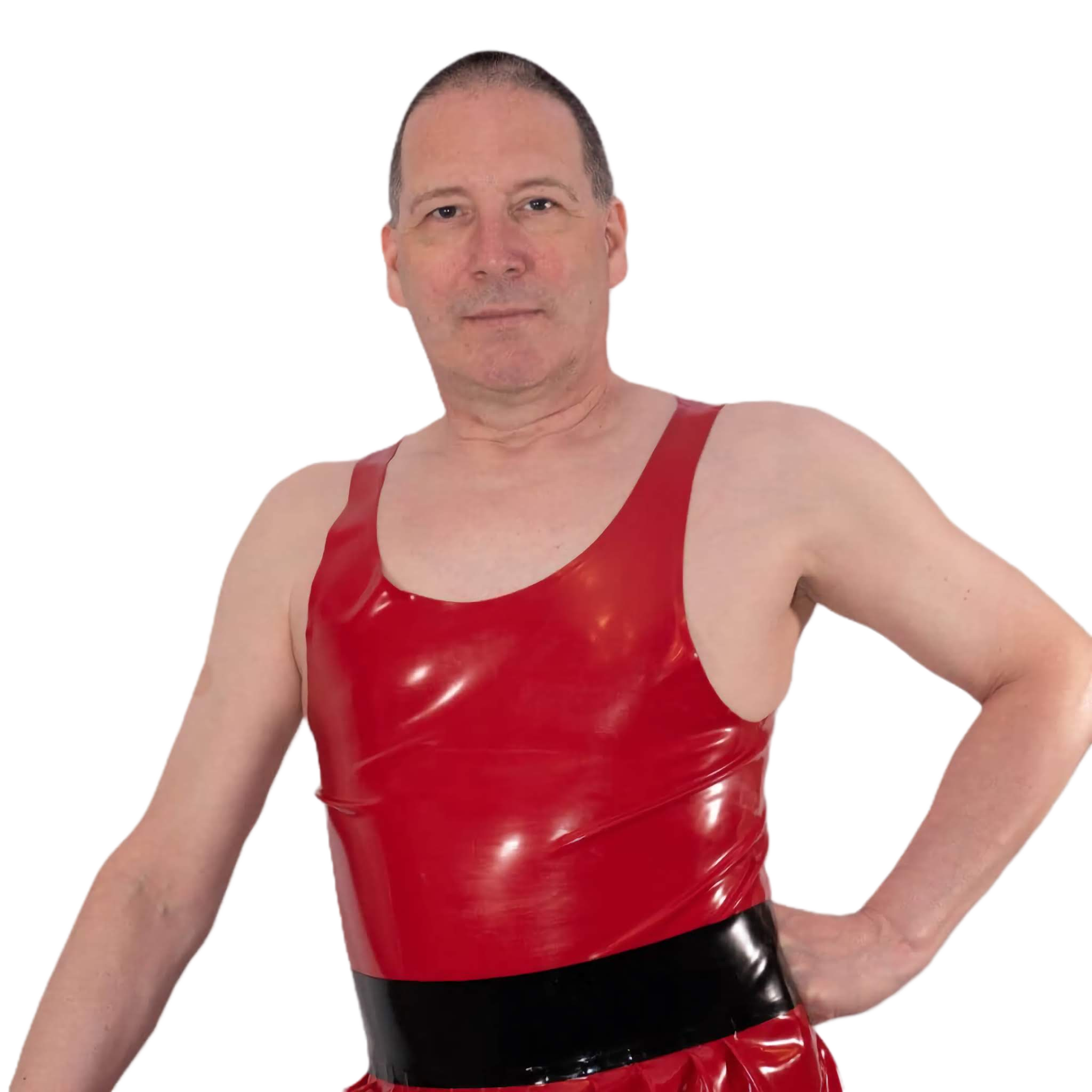 Man wearing red handmade latex rubber vest, sleeveless tank style. Designed in London by Latexandlovers – men’s latex clothing UK.
