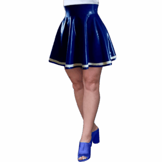 Model wearing blue latex skater skirt with flared bottom – handmade latex skirt UK