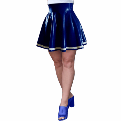 Model wearing blue latex skater skirt with flared bottom – handmade latex skirt UK