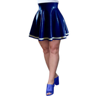Blue latex full circle skirt with white hem trim, 11 inches long, and a 2.5-inch waistband. Glossy finish for a bold, stylish look.