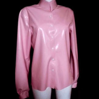Pink latex button-up shirt with a structured collar and long sleeves, featuring press buttons down the front and buttoned cuffs, showcasing a glossy, smooth finish