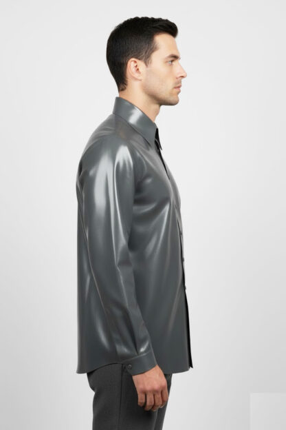 Man wearing grey latex shirt – profile view – stylish latex clothing by latexandlovers