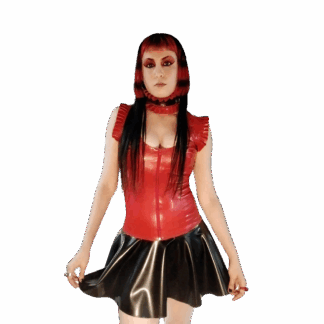 Latex Ruby Riot Outfit with red latex top and black skater skirt, handmade in London by Latexandlovers.