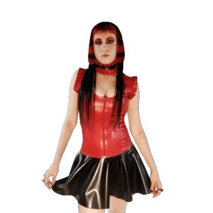 Latex Ruby Riot Outfit with red latex top and black skater skirt, handmade in London by Latexandlovers.