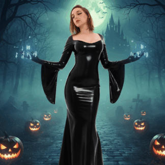 Morticia Adams black latex dress from Latexandlovers clothing
