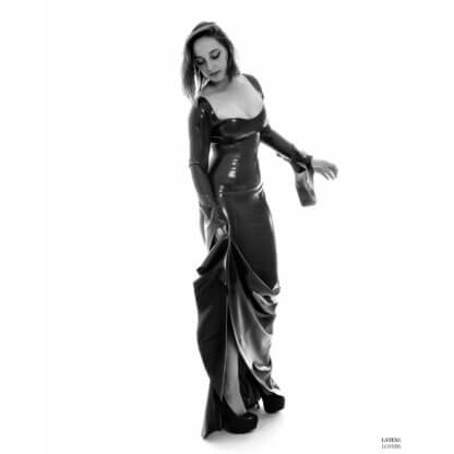 Morticia Addams in a sleek black latex dress, showcasing gothic elegance with a modern twist