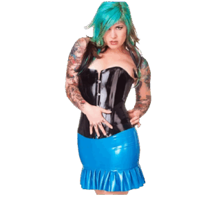Model wearing shiny black latex corset with blue ruffle mini skirt – handmade latex clothing UK