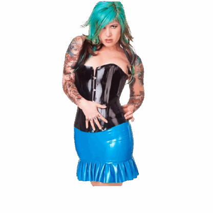 Model wearing shiny black latex corset with blue ruffle mini skirt – handmade latex clothing UK