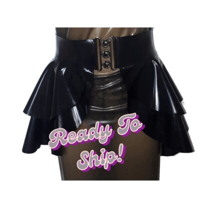 Latexandlovers Latex Double Peplum Skirt - Black High Waist Ruffle Belted Design by Latexandlovers