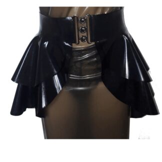 Black double peplum latex skirt with wide belt and bold buckle, part of the Latex Clothing collection.