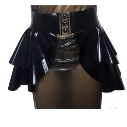 Black double peplum latex skirt with wide belt and bold buckle, part of the Latex Clothing collection.