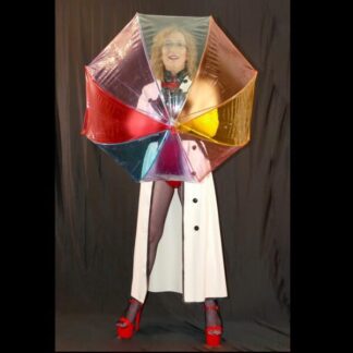 Crossdresser in White Latex Mac Coat with Rainbow Umbrella – Handmade Fetish Fashion UK