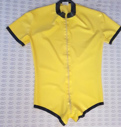 Flat Lay View: Yellow Latex Bodysuit with Black Trim, Short Sleeve Rubber Leotard. Custom Latex Clothing from Latexandlovers.co.uk
