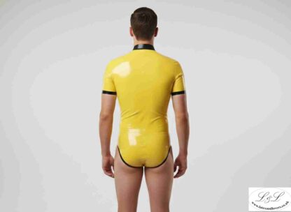 Back View of High-Cut Yellow Latex Bodysuit - Short Sleeve Rubber wear with Black Trim - Latexandlovers.co.u