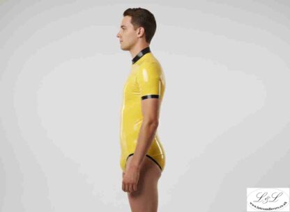 Profile View of Yellow Latex Bodysuit with Black Trim - High-Cut Rubber Leotard Side Angle - Custom Latex Clothing by Latexandlovers