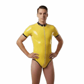 Front View: Custom Made Yellow Latex Bodysuit with Black Contrast Trim and High-Cut Legs by Latexandlovers