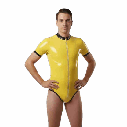 Front View: Custom Made Yellow Latex Bodysuit with Black Contrast Trim and High-Cut Legs by Latexandlovers
