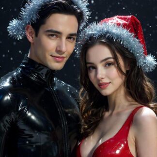 a man and a woman posing in shiny, form-fitting latex or similar material outfits with festive tinsel-trimmed Santa hats